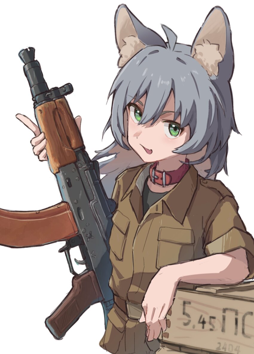 1girl absurdres ahoge aks-74u ammunition_box animal_ear_fluff animal_ears assault_rifle box brown_shirt cocoa_inryo collar commentary_request fang green_eyes grey_hair gun hair_between_eyes hashtag-only_commentary highres holding holding_gun holding_weapon kalashnikov_rifle long_hair looking_at_viewer open_mouth original red_collar rifle shirt simple_background skin_fang smile solo upper_body weapon white_background