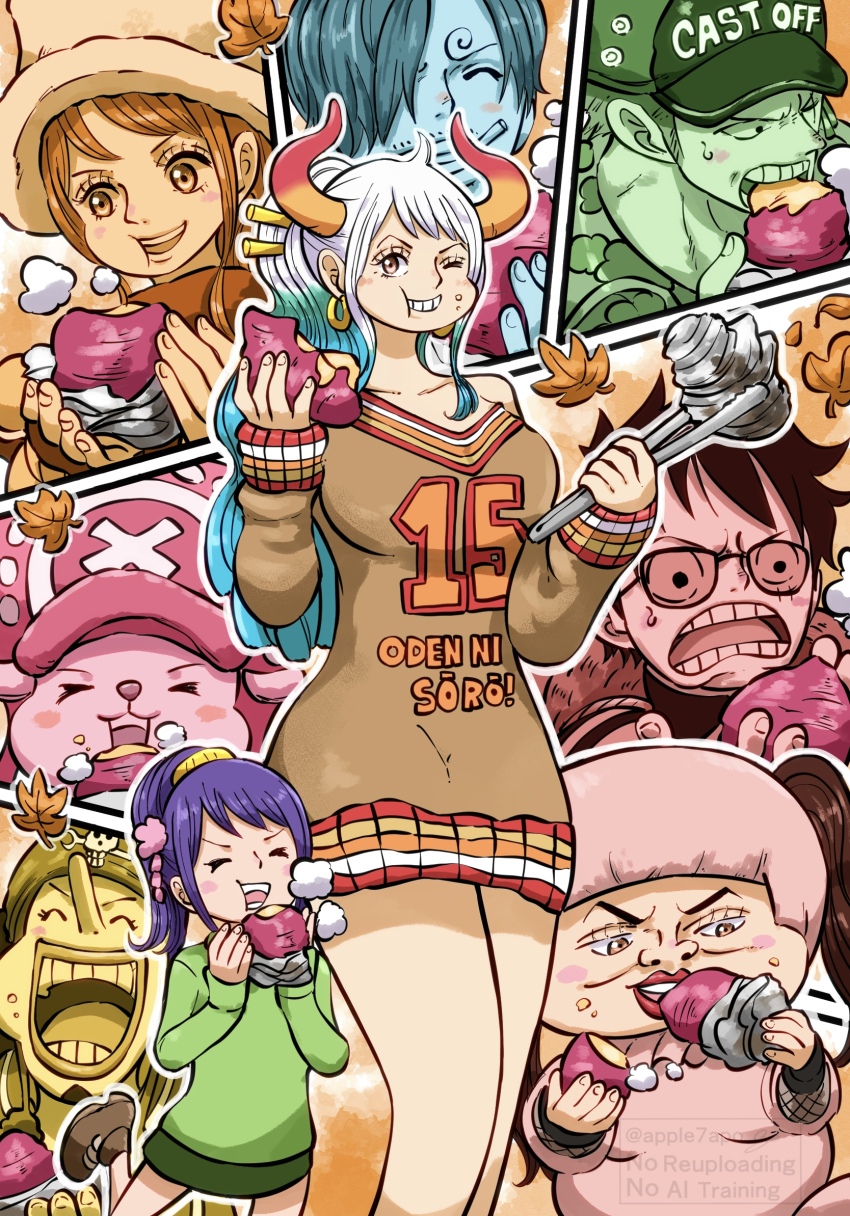 apple7apo bare_legs blue_hair brown_hair eating food gradient_hair horns kurozumi_tama looking_at_viewer monkey_d._luffy multicolored_hair multiple_boys multiple_girls nami_(one_piece) one_eye_closed one_piece purple_hair roronoa_zoro sanji_(one_piece) shinobu_(one_piece) smile sweater sweet_potato thighs tony_tony_chopper twintails usopp white_hair yamato_(one_piece)