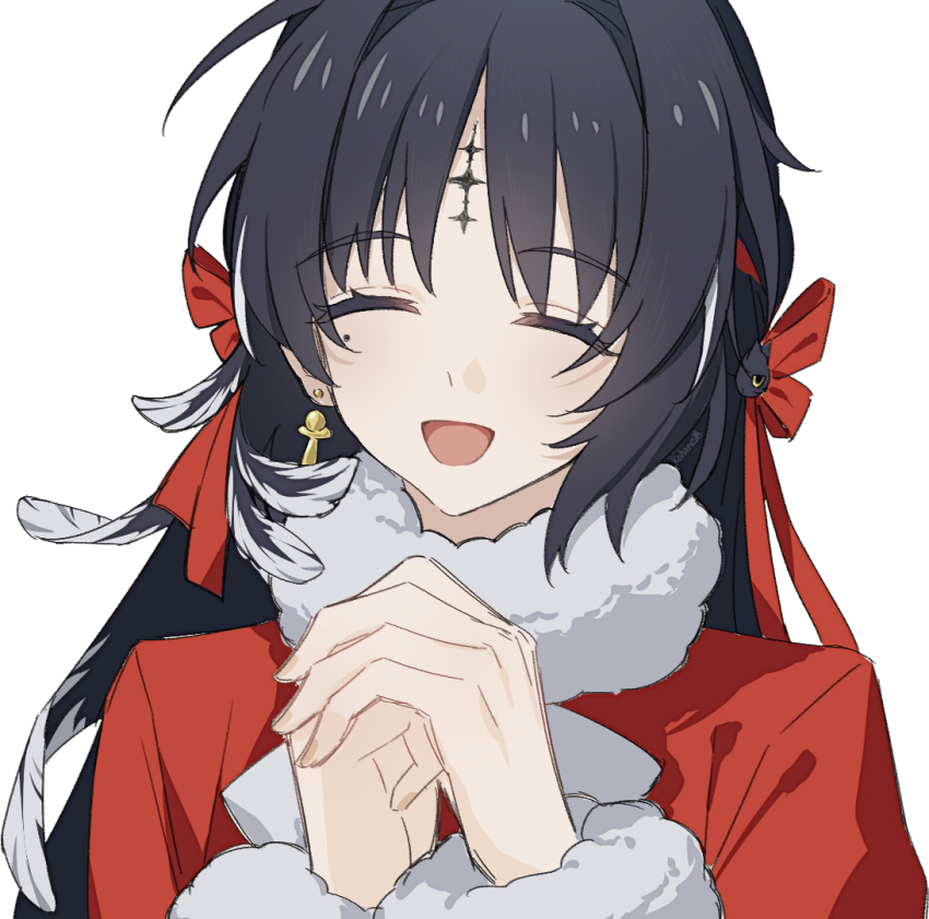 1girl :d alternate_costume black_hair chinese_commentary closed_eyes commentary_request earrings feather_hair hair_ribbon jewelry kohane_kun long_hair mole mole_under_eye open_mouth own_hands_together parted_bangs portrait red_ribbon ribbon simple_background smile solo tacet_mark_(wuthering_waves) white_background wuthering_waves yangyang_(wuthering_waves)