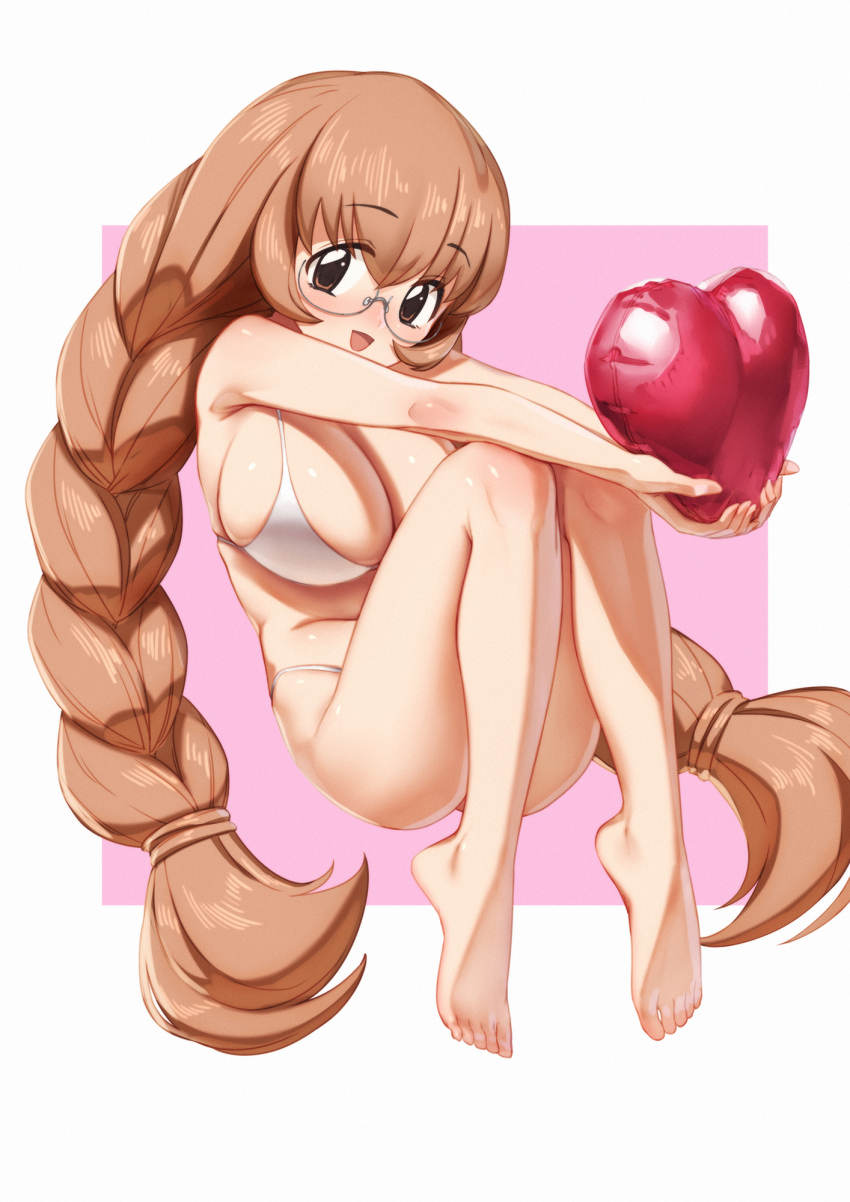 1girl balloon barefoot bikini braid breasts brown_eyes brown_hair cleavage commentary english_commentary glasses heart_balloon highres kodomo_no_jikan large_breasts low_twintails outside_border pink_background qingmingtongzi solo swimsuit twin_braids twintails two-tone_background usa_mimi white_bikini