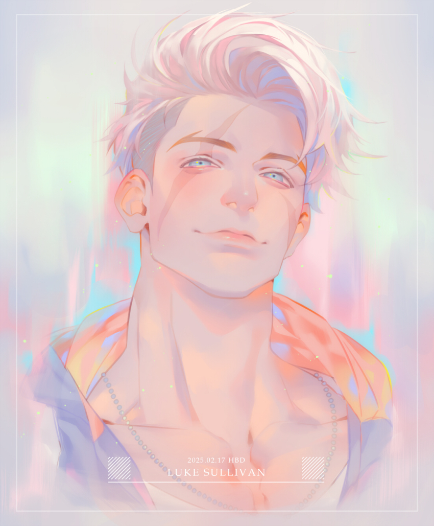 1boy blonde_hair blue_hoodie character_name collarbone commentary english_commentary english_text facial_scar forked_eyebrows happy_birthday highres hood hoodie jewelry luke_sullivan male_focus multiple_scars necklace pastel_colors portrait scar scar_across_eye scar_on_cheek scar_on_face solo street_fighter street_fighter_6 talgi two-sided_hoodie