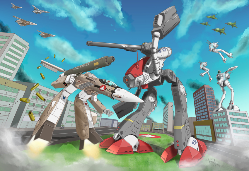 1boy alien arm_cannon battle building choujikuu_yousai_macross cityscape cloud damaged duel energy_cannon firing fleet flying gerwalk glaug gnerl grass gunpod helmet highres infernal_lion macross mecha park pilot pilot_suit radio_antenna regult robot science_fiction shell_casing size_difference smoke spacesuit thrusters u.n._spacy variable_fighter vf-1 vf-1a walker_(robot) weapon when_you_see_it zentradi
