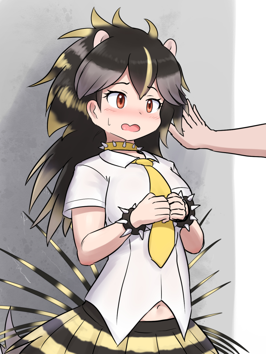 1girl 1other animal_ears black_hair blonde_hair blush bracelet brazilian_porcupine_(kemono_friends) choker collared_shirt colored_tips double-parted_bangs ear_blush extra_ears furrowed_brow grey_hair hand_on_wall highres jewelry kabedon kemono_friends long_hair mo23 multicolored_hair navel nervous nose_blush open_mouth own_hands_together porcupine_ears porcupine_girl red_eyes shirt short_sleeves skirt solo_focus spiked_bracelet spiked_choker spikes striped_clothes striped_skirt tail upper_body white_shirt wing_collar yellow_choker