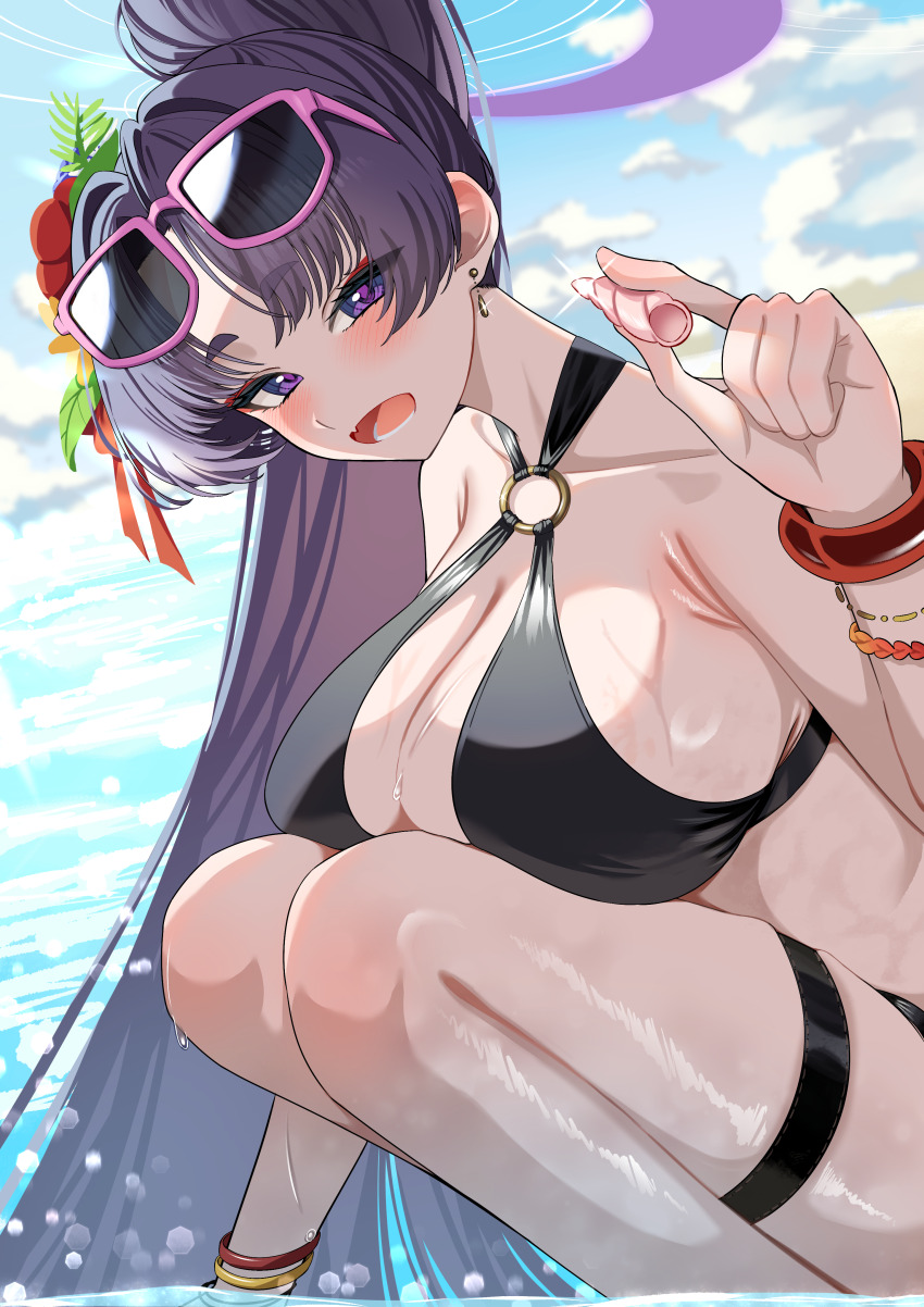 1girl absurdres bikini black_bikini blue_archive blush breasts cleavage earrings eyewear_on_head fang highres holding_seashell ito_(ito577) jewelry large_breasts long_hair looking_at_viewer official_alternate_costume official_alternate_hairstyle open_mouth parted_bangs pink-framed_eyewear ponytail skin_fang solo squatting stud_earrings sunglasses swimsuit thigh_strap yukari_(blue_archive) yukari_(swimsuit)_(blue_archive)
