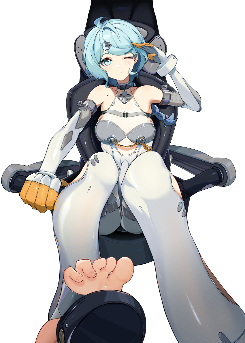 1girl absurdres arm_up bare_shoulders blue_eyes blue_hair blush breasts closed_mouth clothing_cutout commentary detached_sleeves english_commentary feet feet_out_of_frame flower_hairpin formal_clothes gloves hair_ornament hairpin highres latex_pants looking_at_viewer mole mole_on_shoulder one_eye_closed salute see-through_dress_layer seed_(zenless_zone_zero) side_cutout simple_background small_breasts smile solo stirrup_legwear suit sun_0205 sweat thigh_cutout toeless_legwear toes white_background white_gloves white_suit zenless_zone_zero
