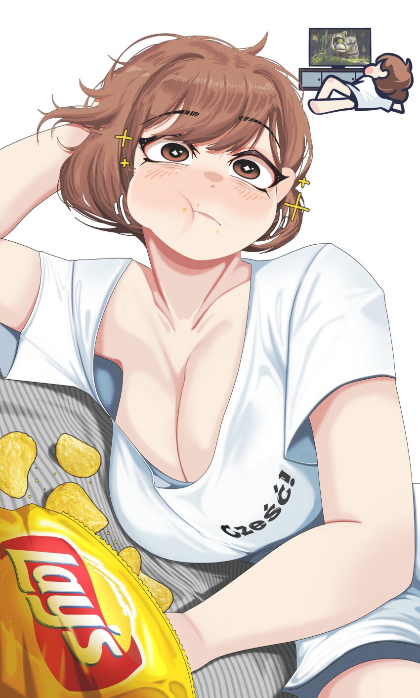 +_+ 1girl absurdres bag_of_chips blush blush_stickers breasts brown_eyes brown_hair censored censored_identity cheek_bulge chibi chibi_inset chips_(food) cleavage closed_mouth commentary double_biub dutch_angle eating english_commentary flat_screen_tv food food_on_face full_mouth hand_on_own_head head_rest highres large_breasts lay&#039;s_(potato_chips) lying motion_lines multiple_views no_pants on_side original oversized_clothes oversized_shirt polish_text potato_chips scoop_neck shirt short_hair short_sleeves shrek shrek_(series) swept_bangs television text_print white_background white_shirt