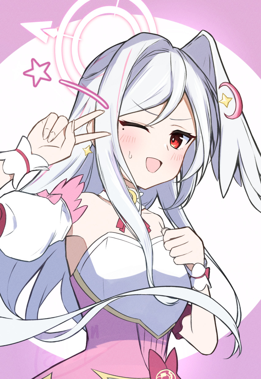 1girl :d blue_archive blush bougashi bustier commentary_request crescent crescent_hair_ornament detached_sleeves dress furrowed_brow hair_between_eyes hair_ornament halo head_wings highres long_hair looking_at_viewer magical_girl mole mole_under_eye official_alternate_costume one_eye_closed open_mouth parted_bangs pink_dress red_eyes single_hair_intake single_head_wing smile solo star_(symbol) suzumi_(blue_archive) suzumi_(magical)_(blue_archive) sweatdrop underbust upper_body very_long_hair white_hair white_halo wings