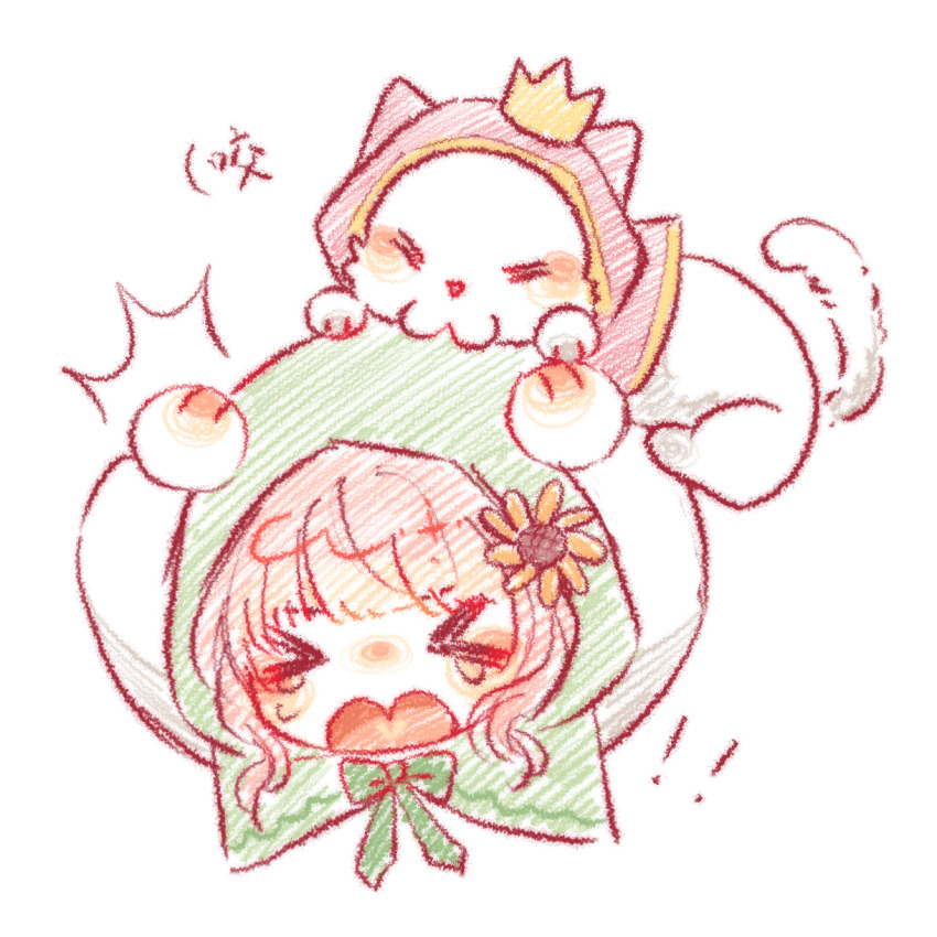 ! !! &gt;_&lt; 1girl ^^^ animal blunt_bangs bow bowtie cat chibi chinese_commentary cloak clothed_animal commentary_request cropped_torso crown ear_covers flower green_bow green_bowtie green_cloak hair_flower hair_ornament hands_on_own_head highres hood hood_up hooded_cloak infinity_nikki light_blush long_sleeves mini_crown momo_(nikki) nikki_(nikki) nikki_(series) open_mouth pink_cloak pink_hair shiguangbulao277 shirt short_hair sidelocks simple_background sunflower tearing_up wavy_hair white_background white_cat white_shirt yellow_crown yellow_flower