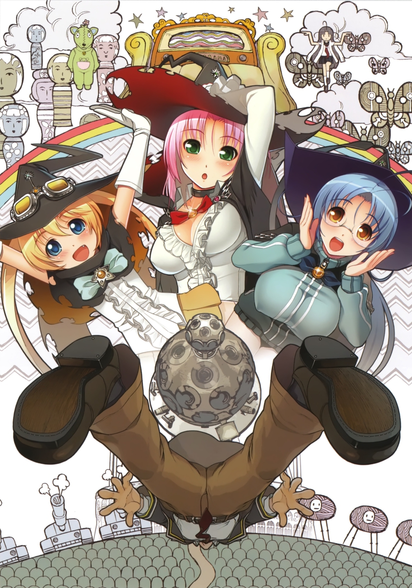 1boy 4girls absurdres blonde_hair blue_eyes blush breasts cape caterpillar_tracks choker foreshortening garnet_(sumaga) glasses green_eyes hat highres kusakabe_amaho large_breasts long_hair military military_vehicle mira_(sumaga) motor_vehicle multiple_girls nitroplus oki_kiki open_mouth pink_hair spica_(sumaga) sumaga tank tsuji_santa unkoman vehicle witch_hat