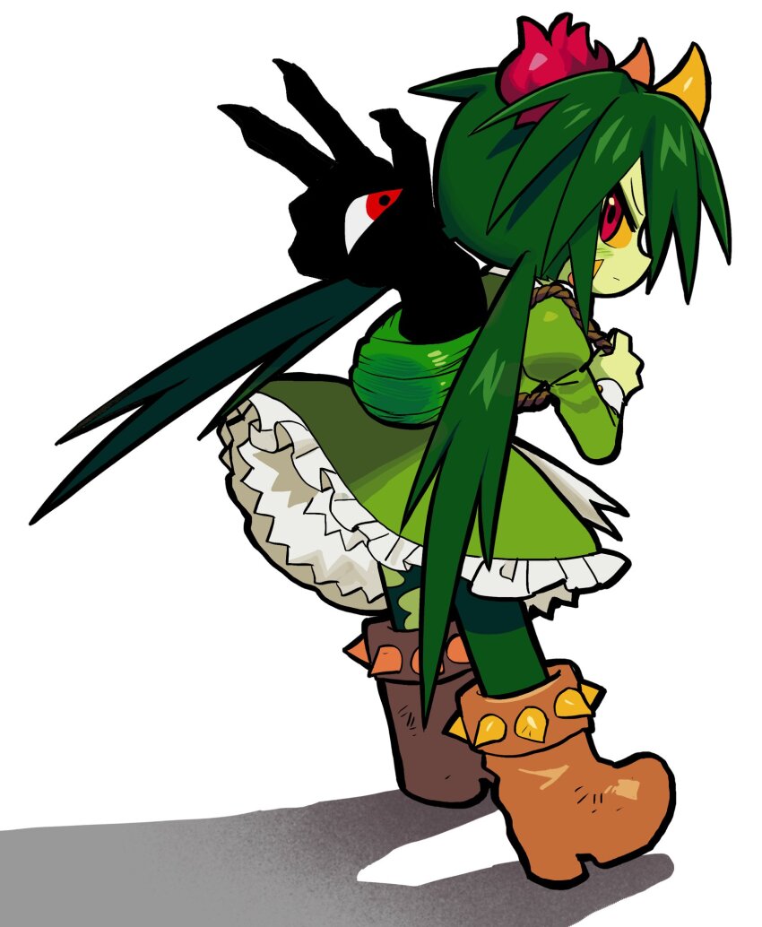 1girl backpack bag boots cactus_girl colored_sclera colored_skin commentary creature dress full_body green_dress green_hair green_pantyhose green_skin highres juliet_sleeves long_hair long_sleeves looking_at_viewer looking_back low_twintails monster_girl original pantyhose plant_girl puffy_sleeves red_eyes satanmanse shadow simple_background solo thorns twintails very_long_hair white_background yellow_sclera