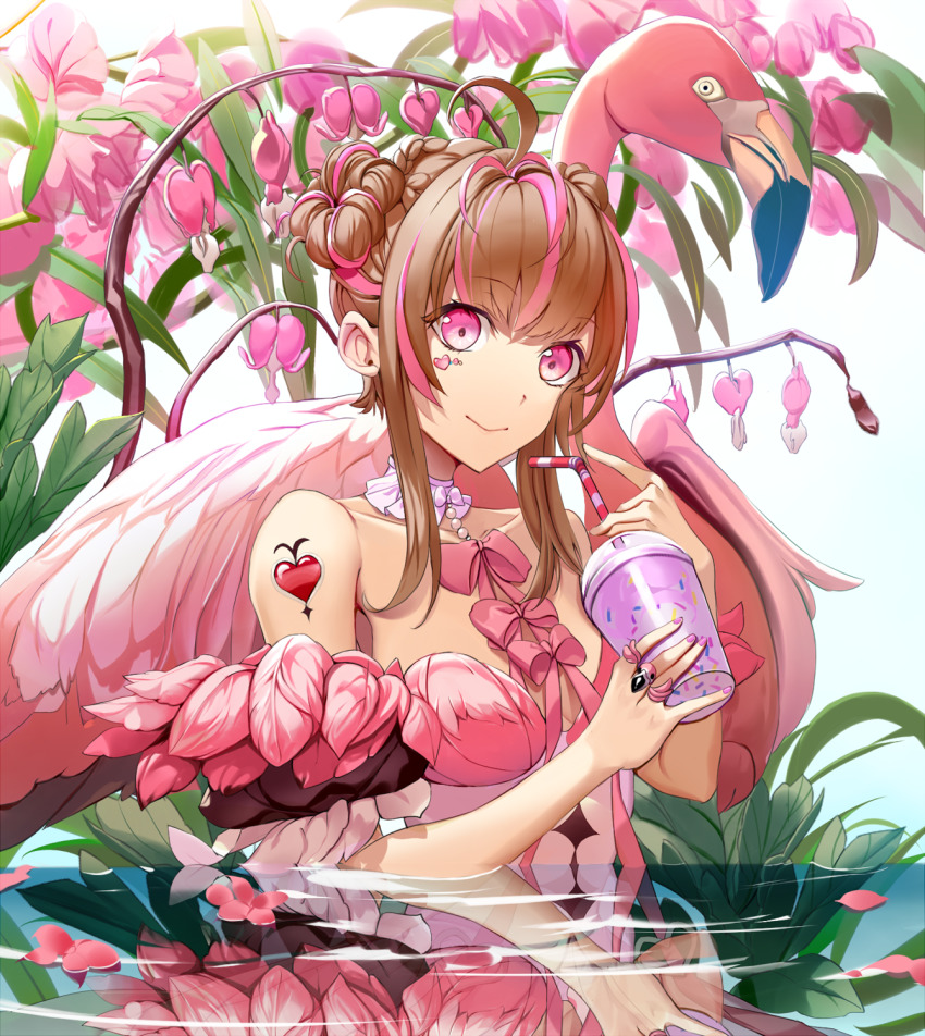 1girl ahoge bad_id bad_pixiv_id bare_shoulders bird braid breasts brown_hair choker closed_mouth cup ddaomphyo detached_sleeves double_bun dress facial_mark feathers flamenco flower hair_bun head_tilt heart highres holding holding_cup jewelry long_hair looking_at_viewer medium_breasts nail_polish original pink_dress pink_eyes pink_flower pink_hair pink_nails plant reflection ribbon ring shoulder_tattoo sidelocks smile strapless strapless_dress tattoo wading