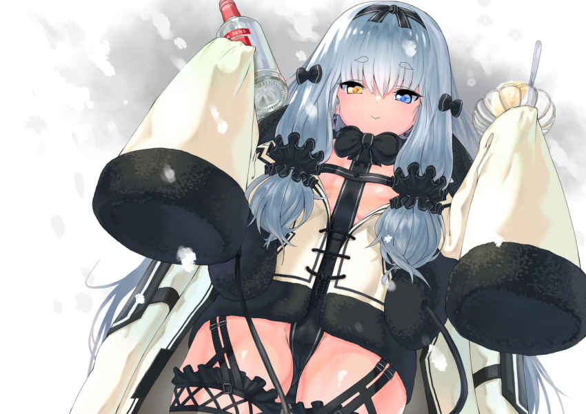 alcohol ash_arms black_ribbon blue_hair commentary_request food garter_straps hair_ribbon hairband heterochromia ice_cream kv-2_(ash_arms) long_hair long_sleeves looking_at_viewer ribbon shunmin_ibiki simple_background smile solo thick_eyebrows vodka white_background winter_clothes