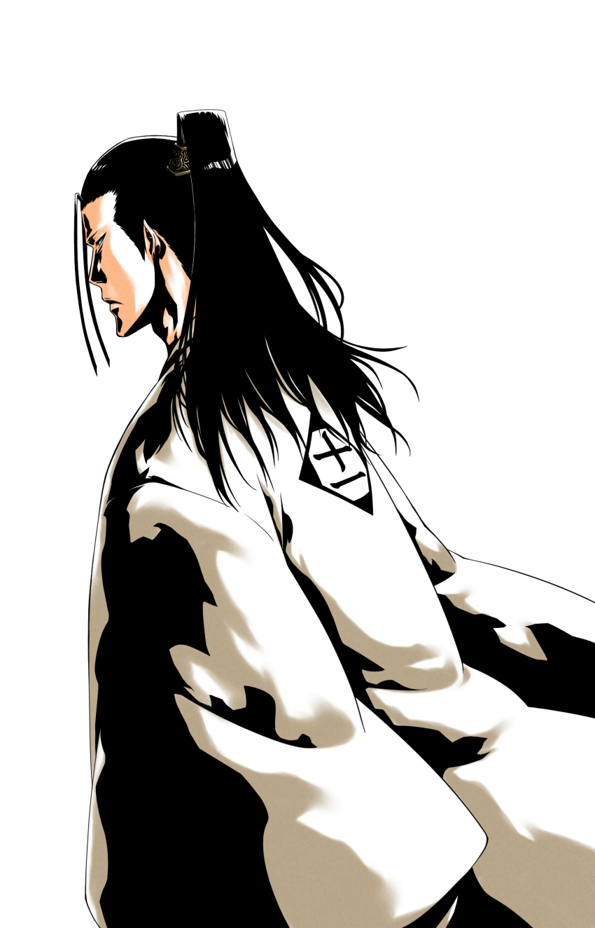 1boy absurdres arms_at_sides azashiro_souya black_hair bleach bleach:_spirits_are_forever_with_you bleachist closed_mouth commentary_request cowboy_shot expressionless from_behind hair_between_eyes haori highres japanese_clothes kimono kubo_tite_(style) long_hair long_sleeves male_focus nose official_style ponytail profile simple_background solo straight_hair taichou_haori tsurime white_background white_kimono wide_sleeves