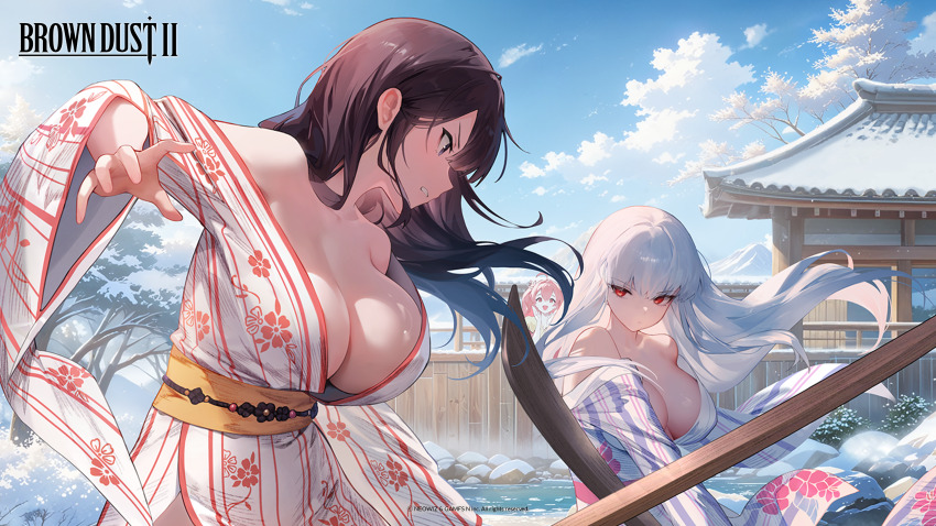 3girls :d absurdres architecture bath bath_yukata blade_(brown_dust) breasts brown_dust_(series) brown_dust_2 brown_hair cleavage closed_mouth day dot_mouth east_asian_architecture fighting floral_print floral_print_kimono highres holding holding_sword holding_weapon japanese_clothes kimono large_breasts liberta_(brown_dust_2) liberta_(onsen_manager)_(brown_dust_2) logo long_hair multiple_girls naked_kimono official_art official_wallpaper onsen open_clothes open_kimono open_mouth outdoors print_kimono red_eyes red_hair rock serious smile steam striped_clothes striped_kimono sword ventana_(brown_dust) vertical-striped_clothes vertical-striped_kimono water weapon white_hair wooden_sword yukata
