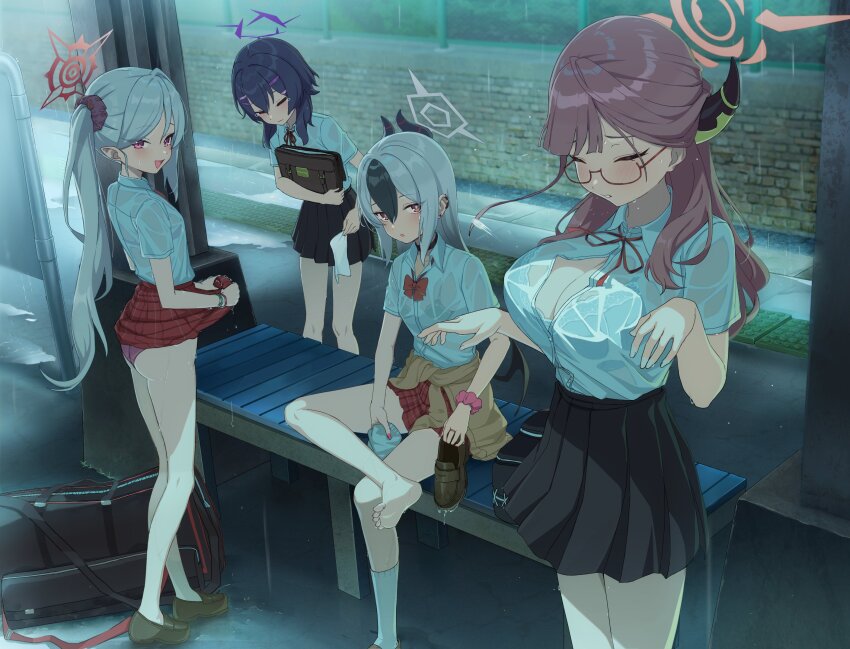4girls aru_(blue_archive) ass barefoot blue_archive breasts cleavage feet glasses haruka_(blue_archive) highres kayoko_(blue_archive) knees large_breasts multiple_girls mutsuki_(blue_archive) panties pink_panties problem_solver_68_(blue_archive) school_uniform see-through_clothes skirt soles underwear wet xubai