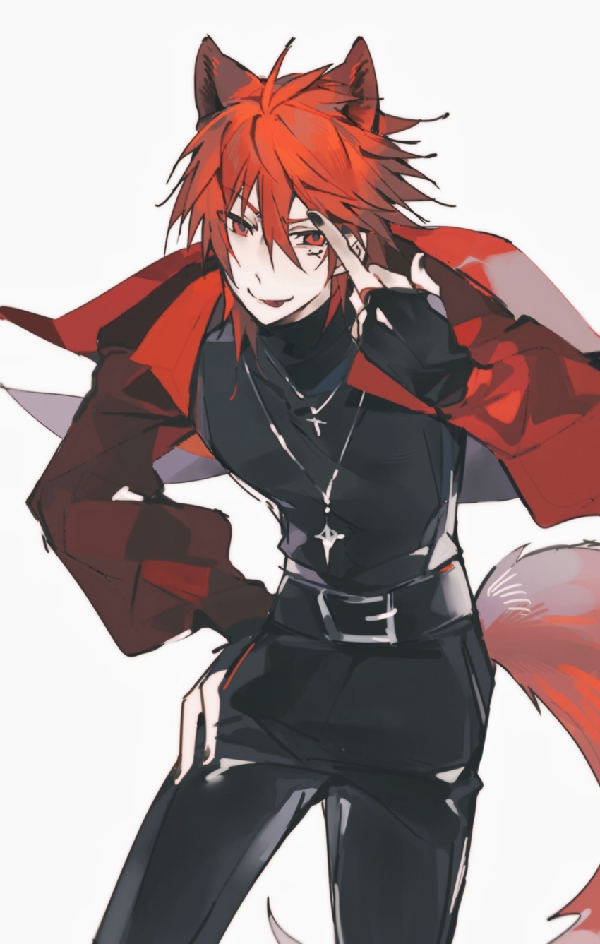 1boy :p absurdres animal_ears antenna_hair arknights belt black_belt black_gloves black_nails black_pants black_shirt chiave_(arknights) chinese_commentary commentary_request cowboy_shot facial_mark fingerless_gloves fox_boy fox_ears fox_tail gloves hair_between_eyes hand_on_own_hip highres jacket jewelry long_sleeves male_focus middle_finger necklace open_clothes open_jacket pants red_hair red_jacket shirt short_hair simple_background smile solo tail tie_fei_wu_mang_dashuai tongue tongue_out turtleneck v-shaped_eyebrows white_background x x_facial_mark