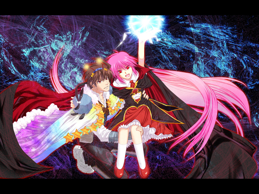 1boy 1girl alice_soft bad_id bad_pixiv_id brown_hair cape carrying dress electricity energy_ball fractal glowing kurusu_miki laughing letterboxed long_hair magic nima_(justy) ogawa_kentarou open_mouth pink_hair princess_carry rance_(series) red_eyes red_footwear semi-transparent sengoku_rance shoes short_hair slit_pupils sneakers star_(symbol) very_long_hair