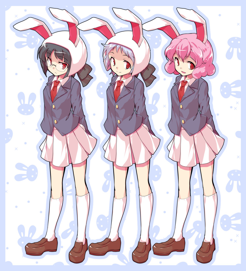 3girls animal_ears black_hair black_jacket blue_border blue_outline blunt_bangs border brown_shoes closed_mouth collared_shirt dairi ears_through_hood full_body glasses grey_hair highres jacket kneehighs large_variant_set loafers long_sleeves looking_at_viewer moon_rabbit_extra_(touhou) multiple_girls necktie open_mouth outline pink_hair pleated_skirt rabbit_ears red_eyes red_necktie shirt shoes short_hair skirt smile socks standing touhou variant_set white_background white_shirt white_skirt white_socks