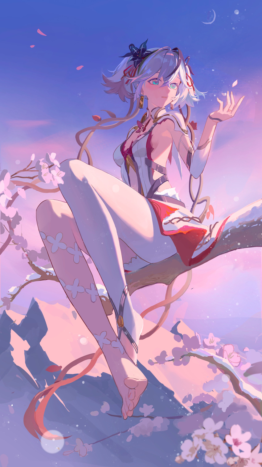 1girl absurdres barefoot black_flower blake_bloom_(wuthering_waves) blue_eyes breasts camellya_(wuthering_waves) chinese_commentary collar commentary_request dress earrings flower gold_earrings hair_between_eyes hair_flower hair_ornament hair_ribbon hair_vines hand_up highres jewelry looking_to_the_side medium_breasts on_branch pantyhose parted_lips red_ribbon ribbon rishiyo_(mcfa5282) short_hair short_twintails sideless_dress single_leg_pantyhose sitting sitting_on_branch solo twintails white_collar white_dress white_hair white_pantyhose wuthering_waves