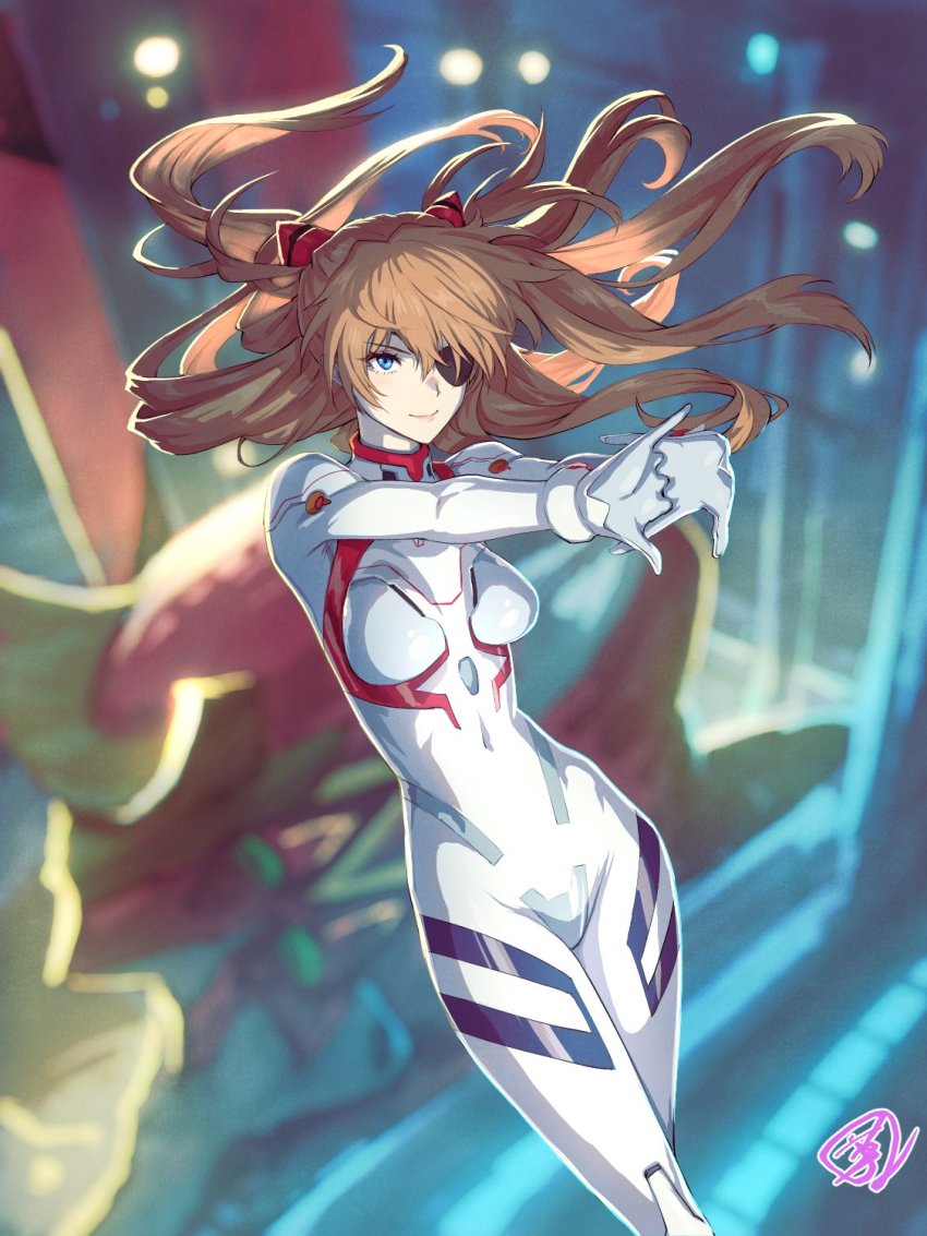1girl blue_eyes blurry blurry_background bodysuit breasts brown_hair closed_mouth commentary_request curvy eva_02 evangelion:_3.0+1.0_thrice_upon_a_time eyepatch floating_hair fujii_eishun hair_ornament hands_up highres interface_headset_(evangelion) interlocked_fingers lips long_hair long_sleeves mecha_pilot_suit medium_breasts neon_genesis_evangelion plugsuit_(evangelion) rebuild_of_evangelion signature simple_background skin_tight smile solo souryuu_asuka_langley turtleneck very_long_hair white_bodysuit wide_hips