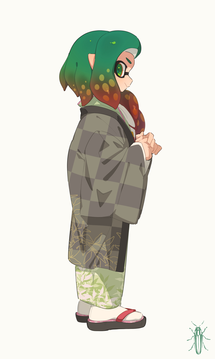 1girl absurdres black_shoes checkered_haori closed_mouth commentary_request full_body gradient_hair green_eyes green_hair green_kimono grey_haori haori highres inkling inkling_girl inkling_player_character japanese_clothes kimono long_hair long_sleeves looking_at_viewer multicolored_eyes multicolored_hair nintendo orange_eyes orange_hair pointy_ears print_kimono profile sandals shoes sideways_glance solo splatoon_(series) standing surume01417 tabi tentacle_hair two-tone_eyes two-tone_hair white_background wide_sleeves zouri