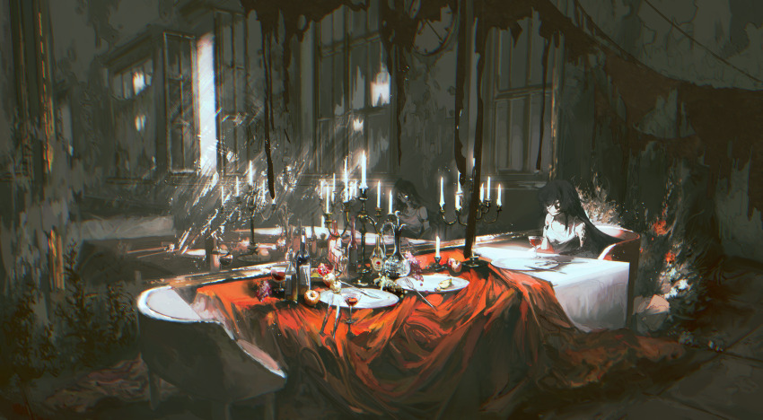 2girls absurdres alcohol armlet black_hair bottle candelabra candle candlestand clock damaged dead_plants food fork fruit glass grapes highres jewelry long_hair mismatched_pupils multiple_girls original pillar plate scenery shine sliced sunlight tablecloth wine yukinoneko