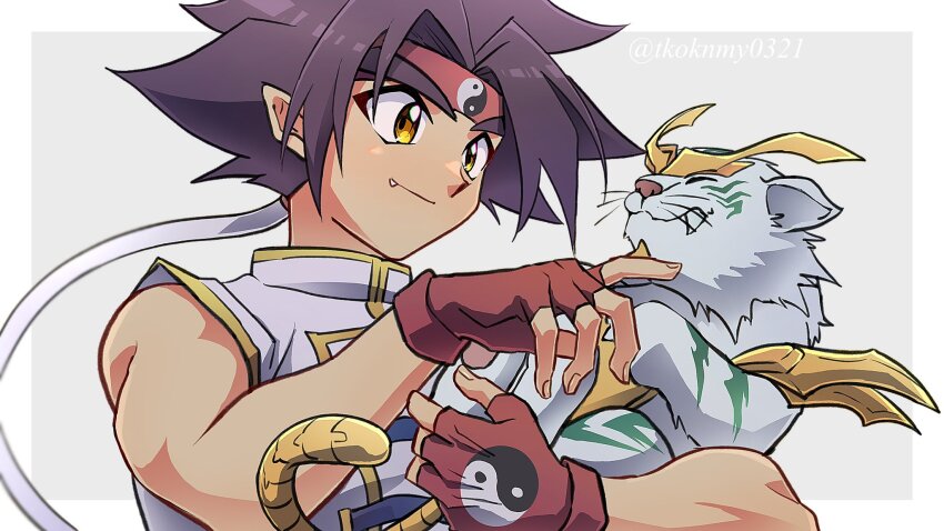 1boy bakuten_shoot_beyblade beyblade black_hair body_fur brown_eyes byakko chinese_clothes closed_eyes fang fangs fingerless_gloves gloves headband highres holding kon_rei long_hair male_focus print_gloves print_headband red_gloves red_headband red_sash sash shirt simple_background sleeveless sleeveless_shirt solo spiked_hair tiger tkoknmy0321 whiskers white_background white_fur white_shirt yin_yang yin_yang_print