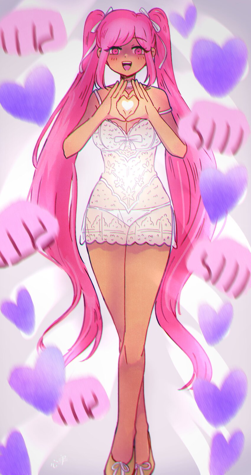 1girl :d absurdres babydoll bare_arms bare_shoulders blush chromatic_aberration commission crossed_knees dark-skinned_female dark_skin footwear_ribbon full_body hair_ribbon heart heart_hands heart_in_heart_hands highres kokomi_(aniesuakkaman) lingerie long_hair looking_at_viewer official_alternate_costume omocat_(style) omori open_mouth panties perfectheart_(omori) pink_eyes pink_hair ribbon shaded_face shoes sidelocks simple_background smile solo standing straight-on strap_slip teeth tongue twintails underwear upper_teeth_only very_long_hair white_babydoll white_background white_panties white_ribbon yellow_shoes