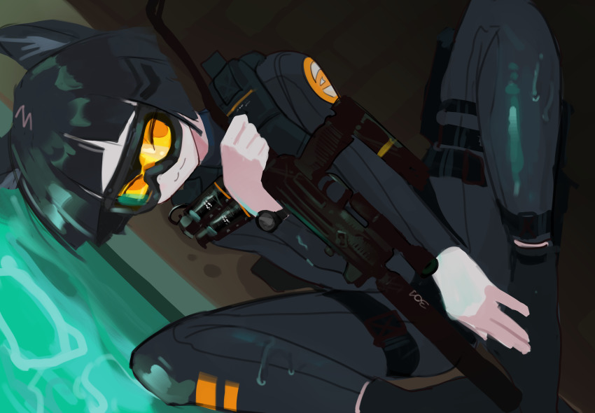 1girl :3 absurdres animal_ears black_hair bodysuit closed_mouth diving_suit flippers goggles gun highres looking_at_viewer machine_pistol original piwoka_(wibber_rose) polilla short_hair smile solo spread_legs submachine_gun suppressor thigh_strap tinted_eyewear uzi weapon wetsuit wibber_rose yellow-tinted_eyewear