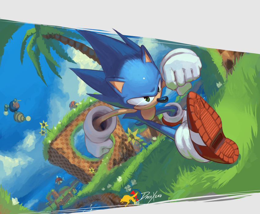 1boy artist_name blue_sky dash_xero flower gloves grass green_eyes green_hill_zone highres male_focus robot running shoes sky sonic_(series) sonic_the_hedgehog sonic_the_hedgehog_(classic) sonic_the_hedgehog_1 sunflower white_gloves