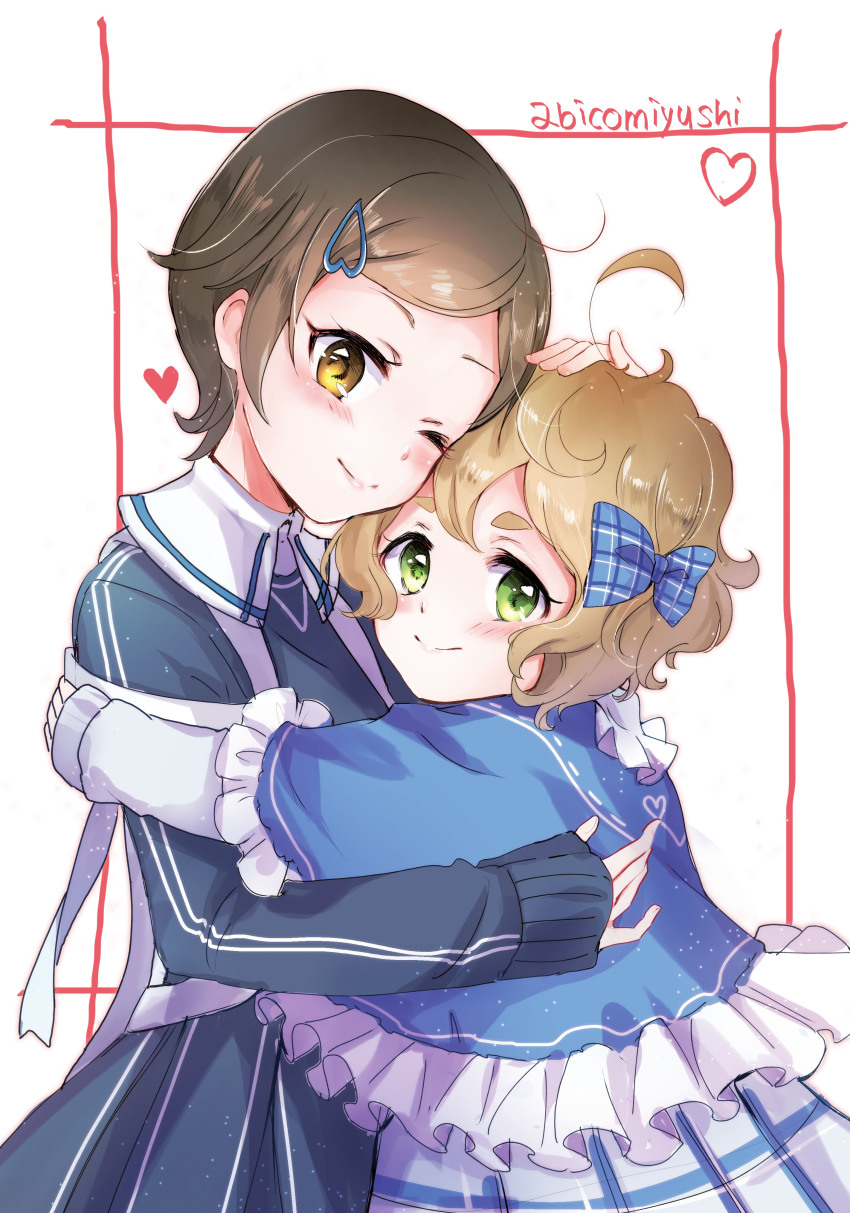 2girls abicomiyushi absurdres blonde_hair blue_bow blue_dress blush bow brown_eyes brown_hair closed_mouth comiket_95 cover cover_page dress frilled_dress frills green_eyes hair_bow hair_ornament hairclip hibike!_euphonium highres hug katou_hazuki kawashima_sapphire long_sleeves looking_at_another multiple_girls one_eye_closed short_hair smile