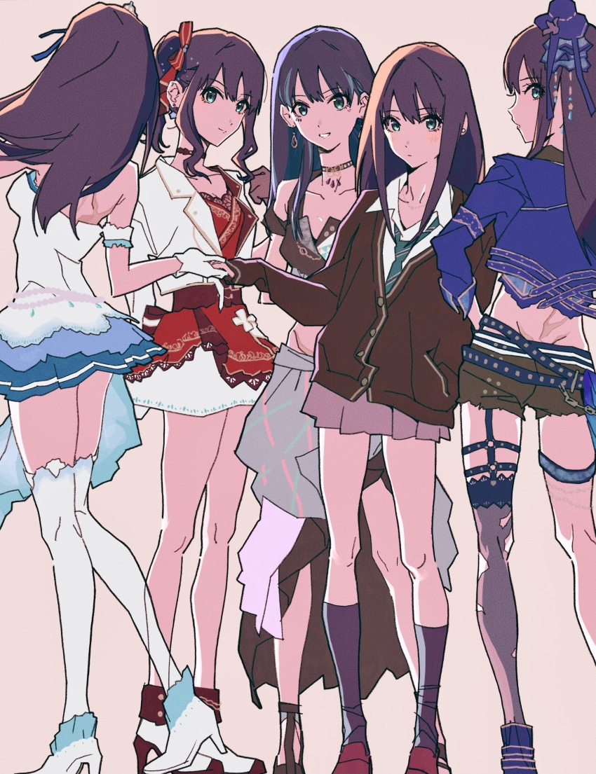 absurdres black_cardigan black_socks bloom_into_me15 brown_background brown_hair cardigan choker closed_mouth dress full_body green_eyes green_necktie grin hat high_heels highres idolmaster idolmaster_cinderella_girls jacket long_hair long_sleeves looking_at_viewer mini_hat multiple_persona necktie o-ring o-ring_thigh_strap red_shoes shibuya_rin shirt shoes simple_background single_thighhigh skirt smile socks standing starry_sky_bright_(idolmaster) strapless strapless_dress striped_necktie thigh_strap thighhighs white_dress white_jacket white_shirt white_thighhighs