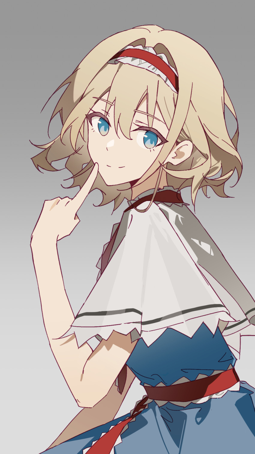 1girl alice_margatroid blonde_hair blue_dress blue_eyes capelet closed_mouth commentary dress frilled_hairband frills gradient_background grey_background hairband highres looking_at_viewer red_hairband red_sash sash smile solo split_mouth touhou waist_sash white_capelet wuliwuli909