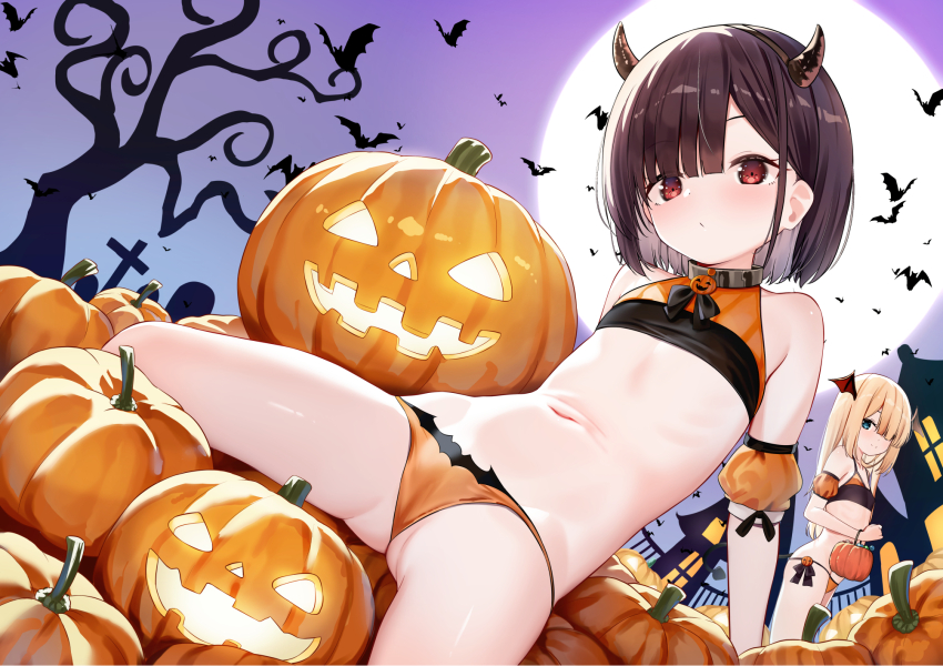 2girls bat_(animal) bikini blonde_hair brown_hair brown_horns commentary_request flat_chest full_moon halloween highres horns jack-o&#039;-lantern loli long_hair moon multiple_girls navel orange_bikini original pumpkin purple_sky red_eyes short_hair sitting sky swimsuit tree yan_(nicknikg)