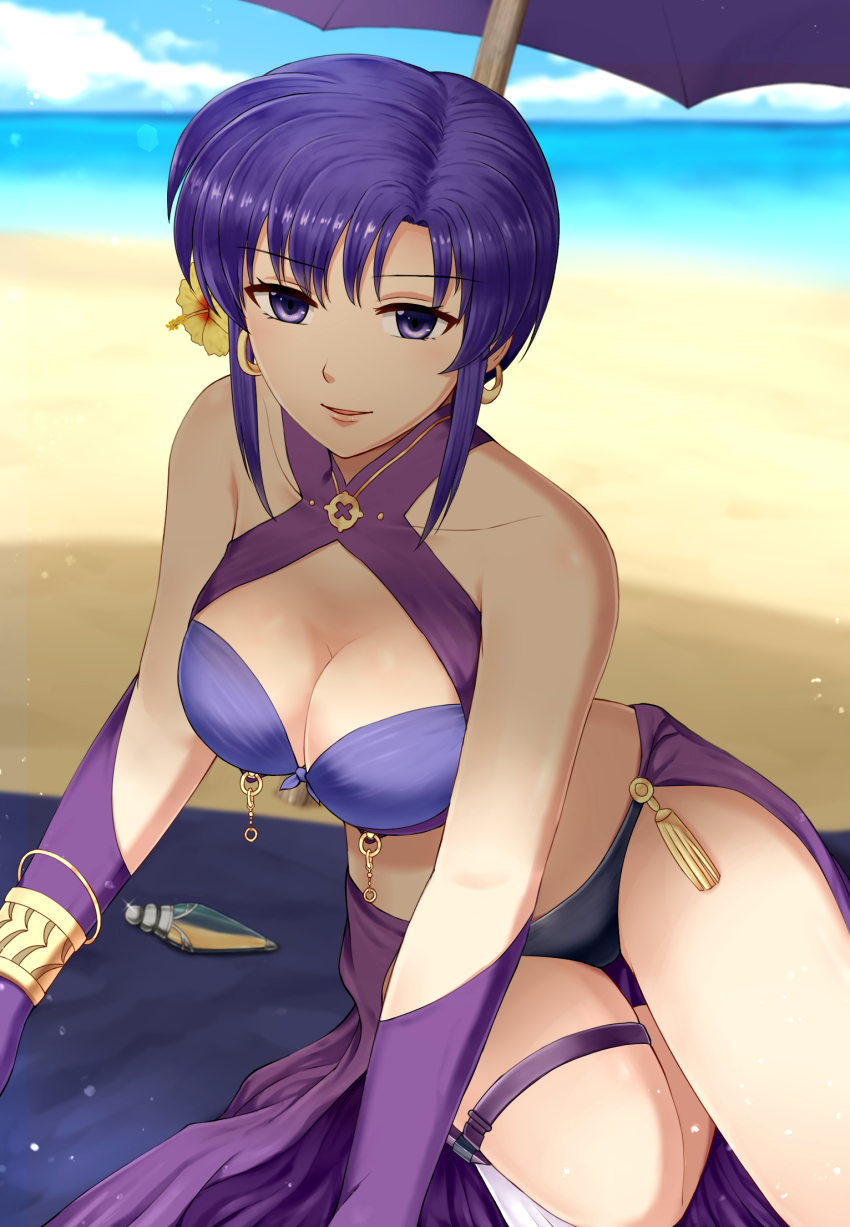 1girl asumokoubou bad_id bad_pixiv_id beach beach_towel beach_umbrella bikini blue_sky breasts cleavage cloud collarbone commentary_request criss-cross_halter day earrings female_focus fire_emblem fire_emblem:_the_blazing_blade fire_emblem_heroes flower hair_flower hair_ornament halterneck highres jewelry kneeling large_breasts nintendo ocean purple_bikini purple_eyes purple_hair purple_sarong sarong short_hair sky solo swimsuit thigh_strap towel umbrella ursula_(fire_emblem) ursula_(summer)_(fire_emblem)