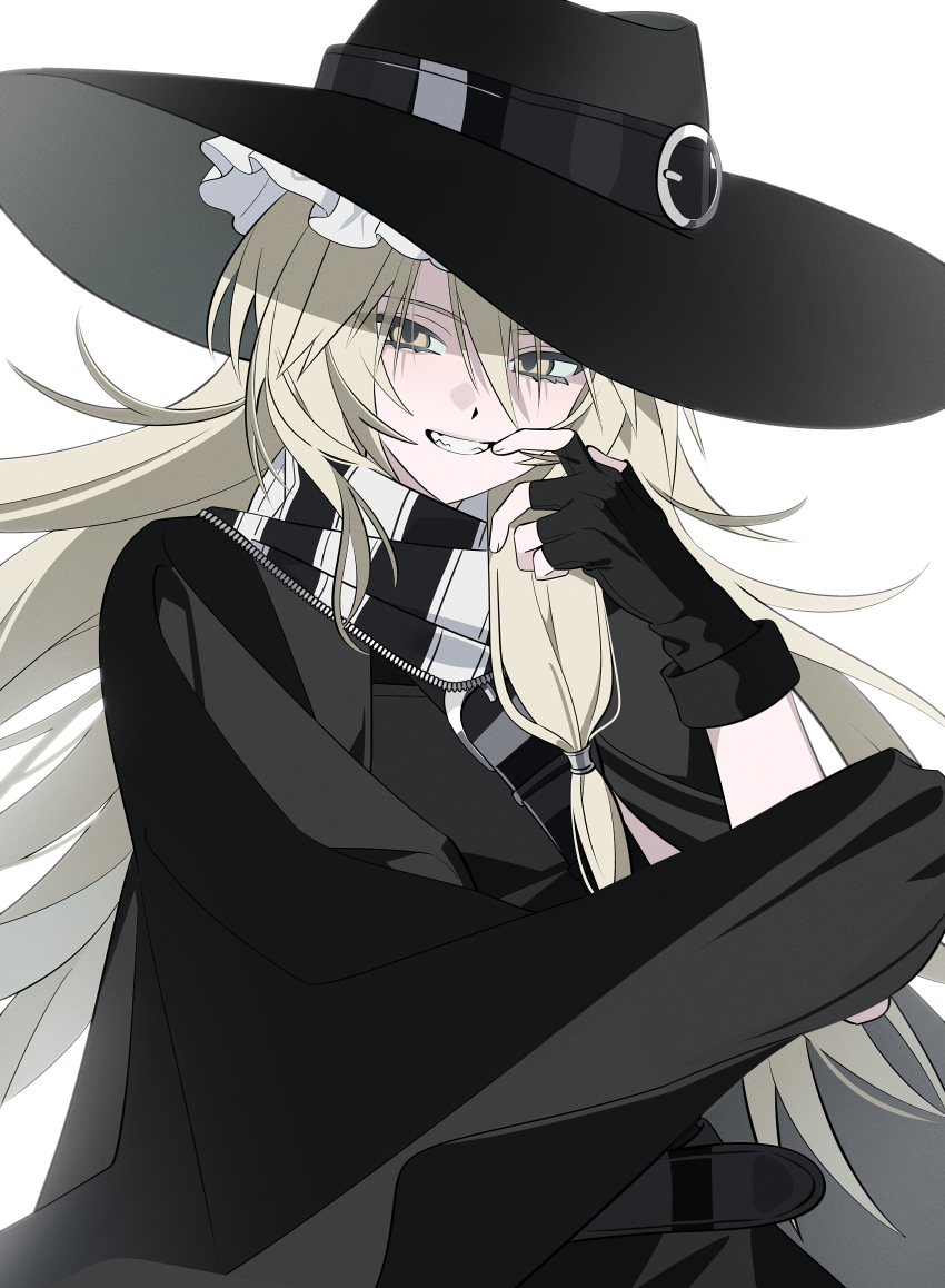 1girl absurdres alternate_costume asymmetrical_sidelocks black_cloak black_gloves black_hat black_shirt blonde_hair cloak commentary fingerless_gloves frilled_hat frills gloves grin hair_between_eyes hand_to_own_mouth hand_up hat hat_belt highres kiliko-san kirisame_marisa long_hair looking_at_viewer low-tied_sidelocks scarf shirt shoulder_belt sidelocks simple_background smile solo striped_clothes striped_scarf touhou upper_body white_background wide_brim yellow_eyes
