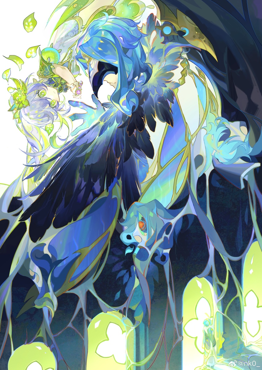 1boy 1girl :| absurdres akademiya_uniform armor bird_mask black_cape black_gloves blue_gloves blue_hair cape chess_piece closed_mouth coat covered_eyes cross-shaped_pupils dottore_(genshin_impact) dress expressionless feather_trim feet_out_of_frame from_behind fur-trimmed_coat fur_trim gate genshin_impact giving gloves gnosis_(genshin_impact) gold_trim gradient_hair green_cape green_eyes green_hair green_sleeves hair_between_eyes hair_ornament highres holding holding_chess_piece leaf leaf_hair_ornament long_hair long_sleeves looking_at_another mask medium_hair multicolored_hair multiple_views nahida_(genshin_impact) nnikko open_hand pointy_ears rotational_symmetry short_hair shoulder_armor side_ponytail smile symbol-shaped_pupils trapeze_dress two-tone_gloves white_background white_coat white_dress white_hair