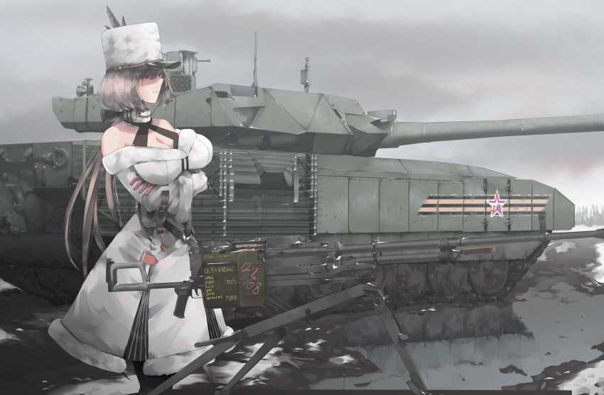 12.7x108mm 1girl absurdres ammunition ammunition_belt ammunition_box anti-materiel_cartridge arms_under_breasts breasts brown_hair bullet cleavage coat crossed_arms female_focus fur_coat fur_hat girls&#039;_frontline gun hat heavy_machine_gun highres hmg_cartridge kord_(girls&#039;_frontline) kord_6p50 kord_macine_gun large_breasts machine_gun magnum_cartridge military military_cartridge military_vehicle motor_vehicle mud red_eyes rifle_cartridge short_hair snow solo supersonic_ammunition t-14_armata tank tree treeman weapon