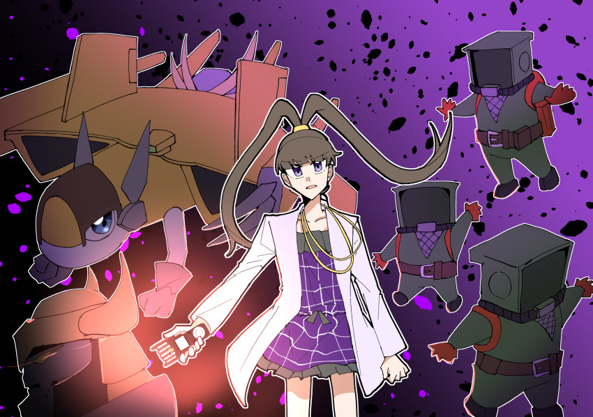 amano_nene_(digimon_xros_wars) belt darkknightmon digimon digimon_xros_wars hair_ornament hairclip highres long_hair monitamon ninja ponytail sparrowmon split_ponytail