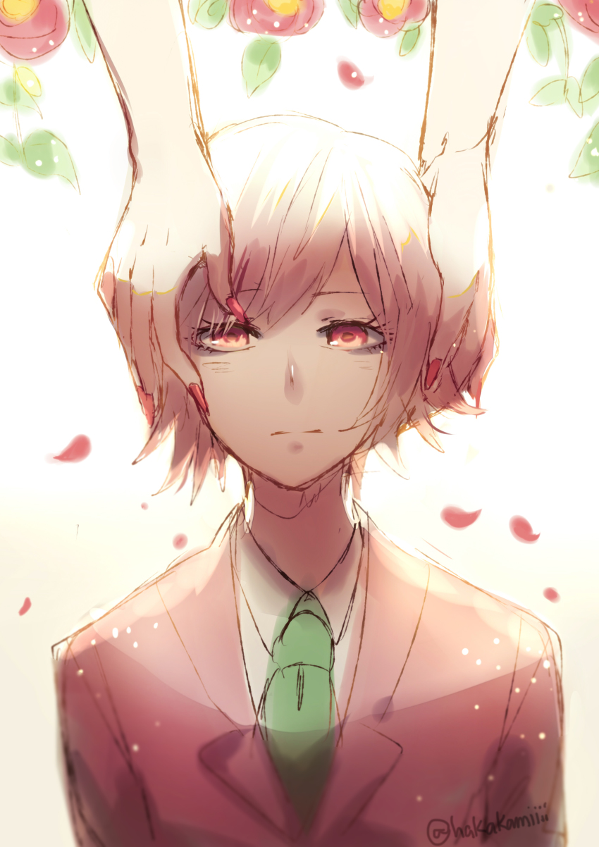 1boy 1girl absurdres artist_name brown_jacket collared_shirt commentary danganronpa_(series) danganronpa_3_(anime) english_commentary enoshima_junko flower formal_clothes green_neckwear hakamii hands_on_another&#039;s_head highres jacket looking_at_viewer male_focus mitarai_ryota nail_polish necktie petals red_eyes red_flower red_nails shirt short_hair simple_background smile solo_focus suit upper_body white_background