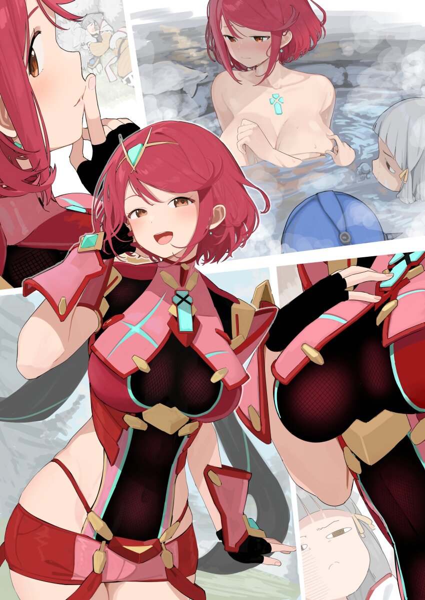 3girls absurdres breasts dromarch_(xenoblade) earrings highres jewelry large_breasts mameroku multiple_girls nia_(xenoblade) poppi_(xenoblade) poppi_alpha_(swim_lesson)_(xenoblade) poppi_alpha_(xenoblade) pyra_(xenoblade) red_eyes red_hair short_hair xenoblade_chronicles_(series) xenoblade_chronicles_2
