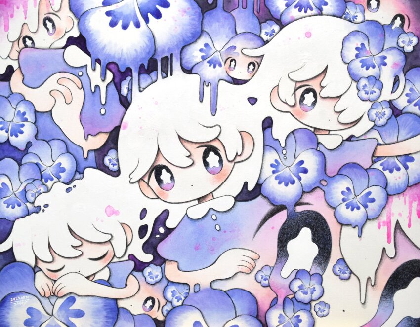 6+girls artist_name blush bright_pupils buttons closed_eyes closed_mouth commentary_request dated dated_commentary disembodied_head dot_mouth dress flower hair_over_one_eye highres looking_at_viewer melting melting_eyes multiple_girls original own_hands_together pansy purple_dress purple_eyes purple_flower purple_pansy short_sleeves sleeping star-shaped_pupils star_(symbol) symbol-shaped_pupils traditional_media white_hair white_pupils zukky000