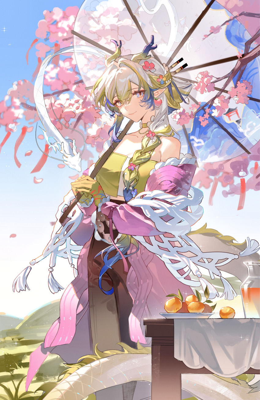 1girl absurdres arknights bare_shoulders blonde_hair blue_eyes blue_hair blue_sky braid cherry_blossoms closed_mouth colored_extremities day dragon eastern_dragon eastern_dragon_horns eastern_dragon_tail feet_out_of_frame flower food fruit glass_jar gloves hair_flower hair_ornament hair_stick highres hill holding holding_umbrella horns jacket juice long_hair long_sleeves looking_at_viewer multicolored_eyes multicolored_hair off_shoulder oil-paper_umbrella orange_(fruit) outdoors pants pink_flower pink_jacket pointy_ears sanye308 shawl shu_(arknights) shu_(spring_feast)_(arknights) single_braid sky smile solo standing streaked_hair table tail tassel umbrella white_hair yellow_eyes