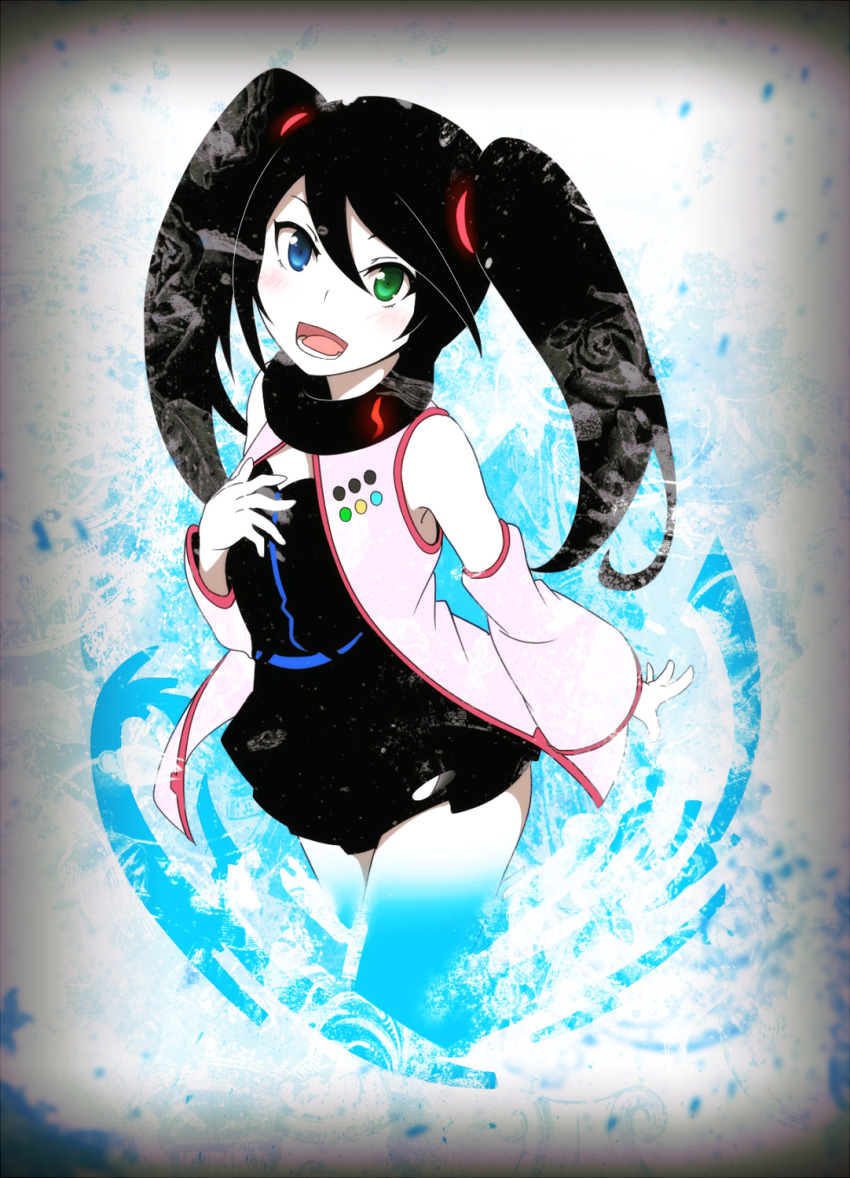 1girl black_hair blue_eyes detached_sleeves game_console green_eyes hair_ornament heterochromia highres long_hair looking_at_viewer open_mouth sega_hard_girls sega_saturn sega_saturn_(sega_hard_girls) smile tanashi_(mk2) twintails