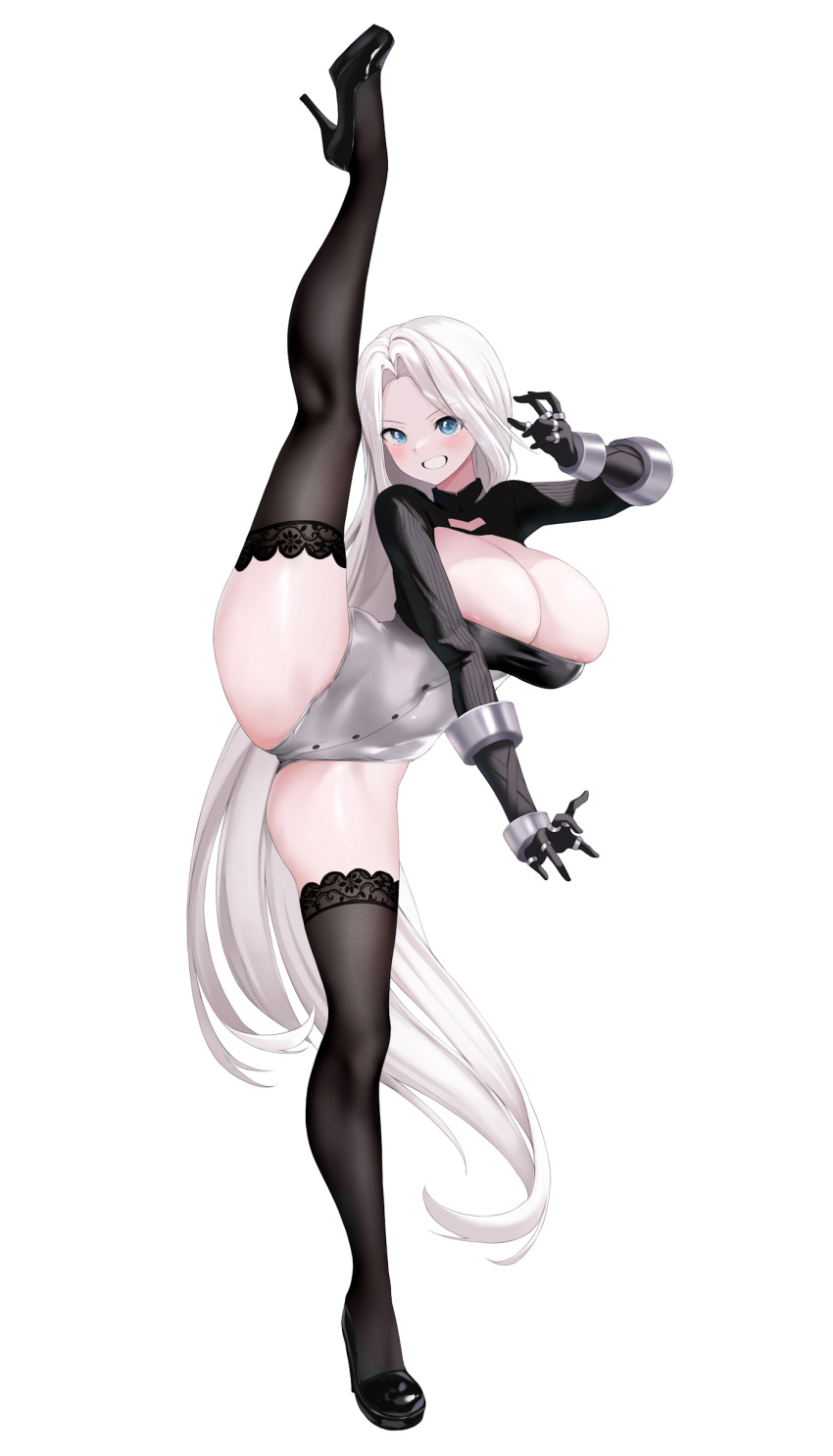 1girl absurdres ass black_shoes black_sleeves black_thighhighs blue_eyes breasts cleavage clenched_teeth commentary curtained_hair forehead full_body high_heels highleg highleg_leotard highres horegi huge_breasts korean_commentary leg_up legs leotard long_hair original pantyhose platform_heels pumps shadow shoes shrug_(clothing) simple_background solo split standing standing_on_one_leg standing_split striped_clothes teeth thighhighs thighs v-shaped_eyebrows vertical-striped_clothes very_long_hair white_background white_hair