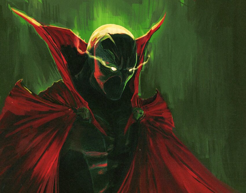 1boy black_bodysuit bodysuit cape collared_cape commentary english_commentary faznova glowing glowing_eyes green_background highres looking_ahead male_focus mask mystical_high_collar red_cape solo spawn_(comic) spawn_(spawn) upper_body