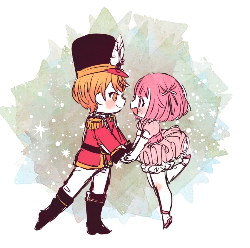 1boy 1girl :d bare_legs belt belt_buckle black_belt black_footwear black_headwear blunt_bangs blush bob_cut boots buckle chibi clara_(the_nutcracker) closed_mouth commentary_request dress eye_contact face-to-face frilled_dress frills full_body gradient_hair grey_background hair_ribbon happy hat hat_feather hat_ornament hetero highres holding_hands jacket knee_boots leg_up long_sleeves looking_at_another military_jacket multicolored_background multicolored_hair multicolored_headwear ootori_emu open_mouth orange_eyes orange_hair orange_headwear pants pink_dress pink_eyes pink_hair pink_shoes poppu_usagi profile project_sekai puffy_short_sleeves puffy_sleeves red_headwear red_jacket ribbon shako_cap shoes short_hair short_sleeves sketch sleeve_cuffs smile standing standing_on_one_leg star_(symbol) tenma_tsukasa the_nutcracker the_nutcracker_(character) white_background white_pants white_ribbon