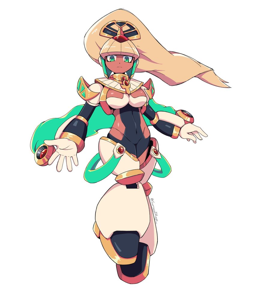 1girl ancient_egyptian_clothes blonde_hair breasts dark-skinned_female dark_skin forehead_jewel green_eyes high_ponytail highres medium_breasts original ponytail revealing_clothes robot_girl selkhia_(surrealmason) simple_background solo surrealmason twitter_username white_background