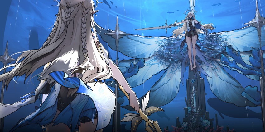 2girls absurdres bare_legs black_dress blonde_hair braid cartethyia_(wuthering_waves) commentary_request crown_of_thorns dress dual_persona earrings faceoff fleurdelys_(wuthering_waves) floating highres holding holding_sword holding_weapon jewelry legs long_hair midair multiple_girls outstretched_arm pointy_ears ryeon_(naturesan) sword weapon wuthering_waves
