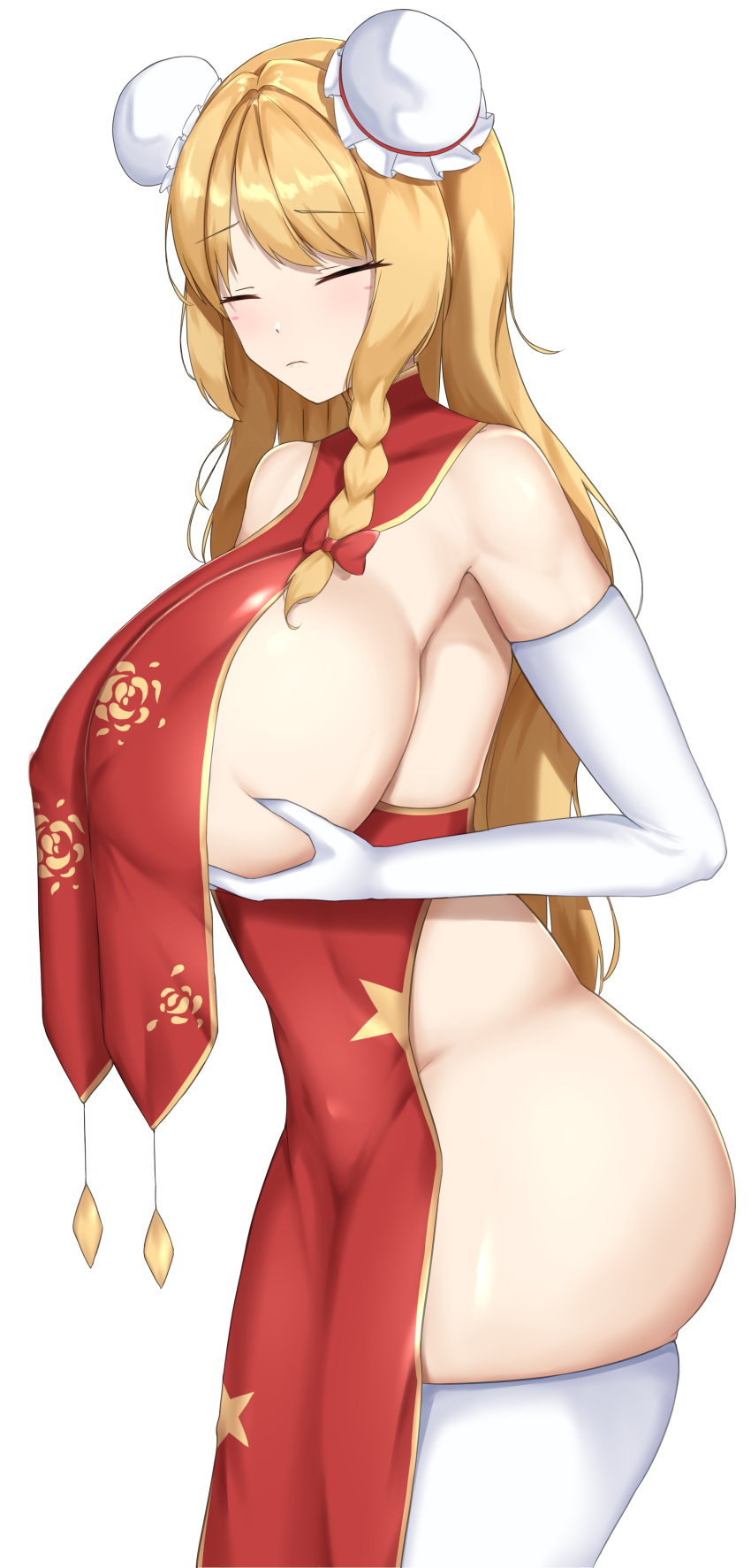 1girl absurdres alternate_breast_size alternate_costume alternate_hairstyle blonde_hair blush bow braid breast_curtain breast_lift breasts bun_cover closed_eyes closed_mouth commentary_request cookie_(touhou) covered_erect_nipples cowboy_shot dress elbow_gloves frown gloves hair_bow highres huge_breasts kirisame_marisa long_hair no_panties red_bow red_dress sharen side_braid simple_background single_braid solo star_(symbol) star_print suzu_(cookie) thighhighs touhou white_background white_gloves white_thighhighs